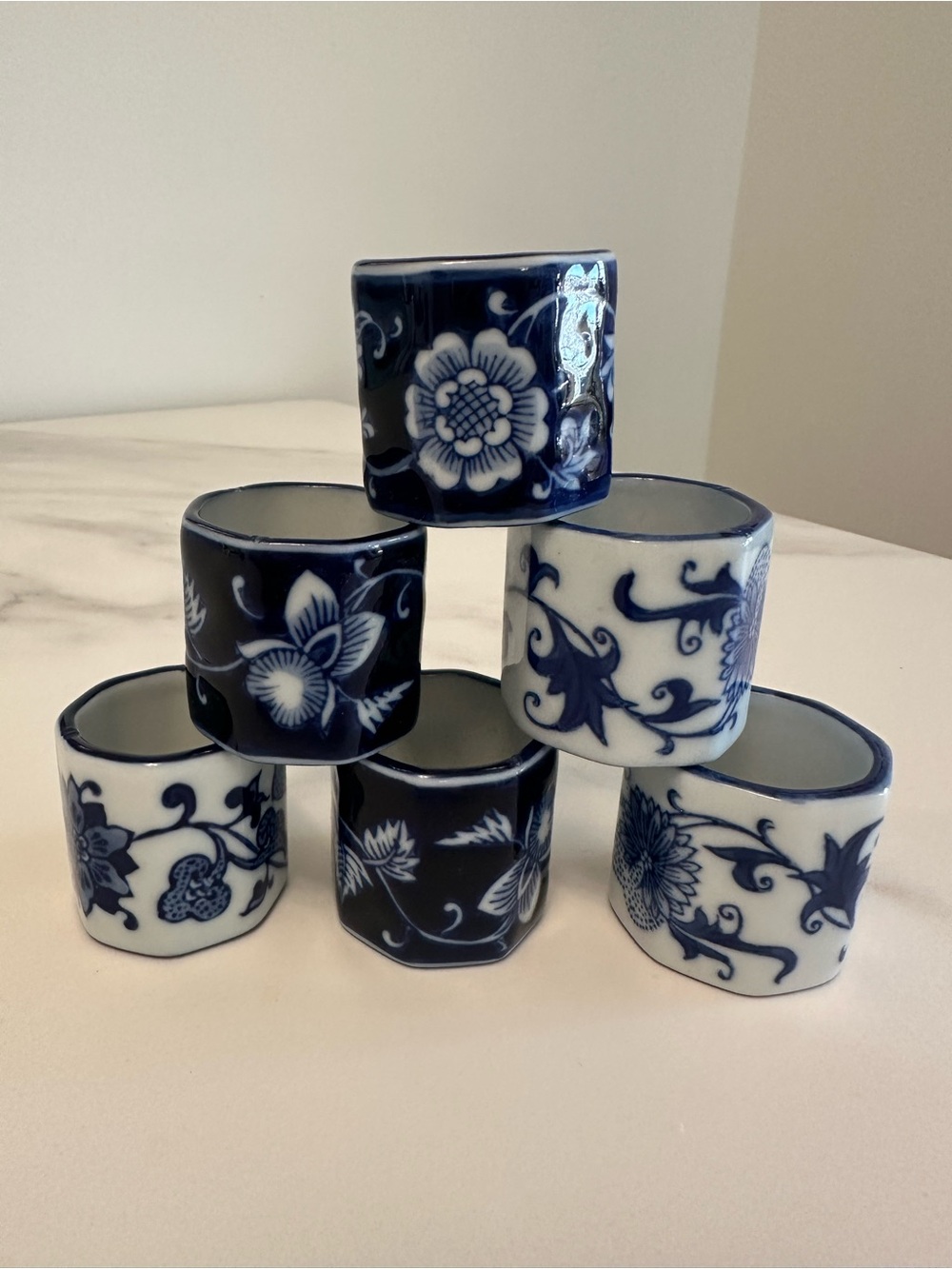 Vintage Pier 1 Blue and White Porcelain Floral Napkin Rings - Set of 6
